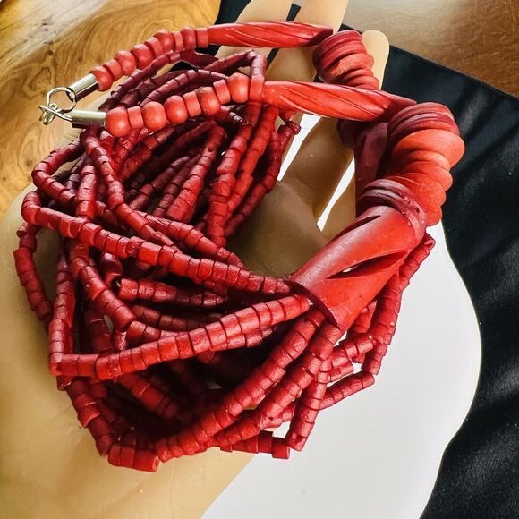 Vintage Chunky Red Multi Strand Beaded Necklace BEAUTIFUL 1502 - Picture 4 of 14